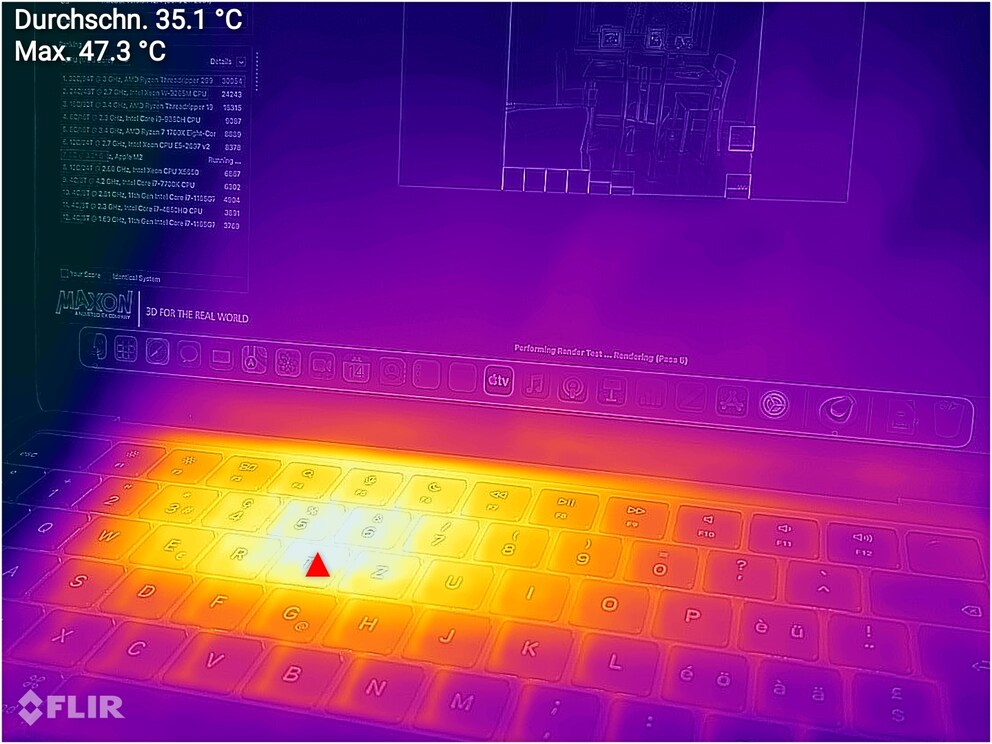 Image thermique de l'Apple MacBook Air M2. Pendant le test, la température atteint 47,3 degrés Celsius à l'endroit le plus chaud.