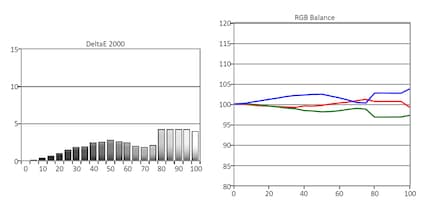 Links: Graustufen Delta E. Rechts: RGB-Balance.