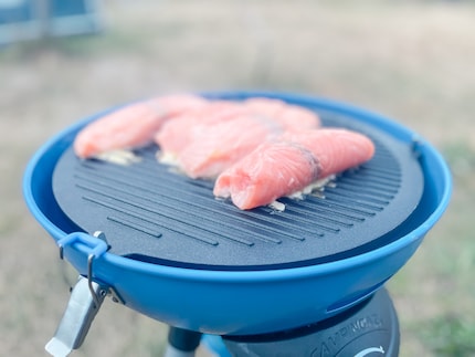 The fish is cooked evenly and cleanly on the grill plate.