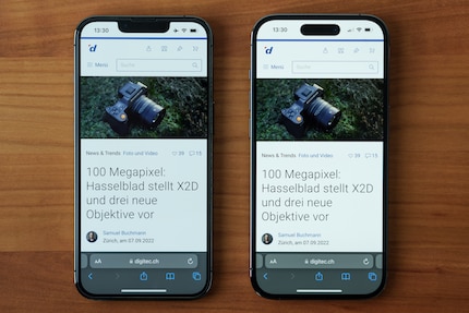 The display of the iPhone 14 Pro (right) has noticeably better contrast at maximum brightness than the screen of the iPhone 13 Pro (left).