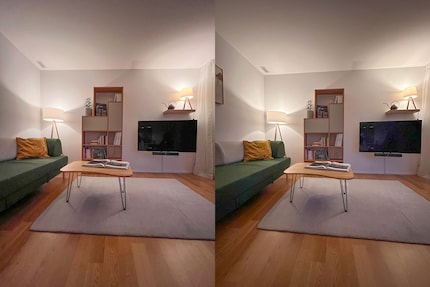 In low light, the ultra-wide-angle image taken with the iPhone 14 Pro (left) is slightly less noisy than that taken with the iPhone 13 Pro (right).