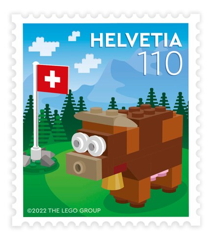 A-Post Briefmarke von Lego mit Kuh.