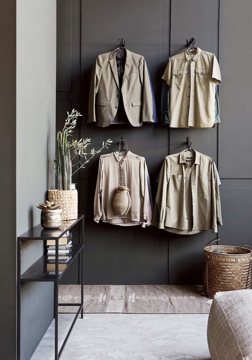 These light-coloured garments really come into their own when contrasted with a dark-coloured wall.