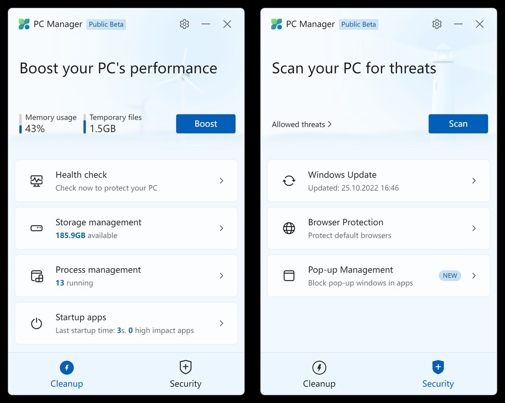 PC Manager di Microsoft offre funzioni di pulizia e sicurezza.