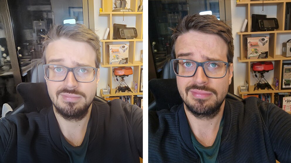 Ma tête après avoir vu la qualité des selfies de l’appareil photo frontal, à gauche avec le Red Magic et à droite avec le Galaxy S22 Ultra.