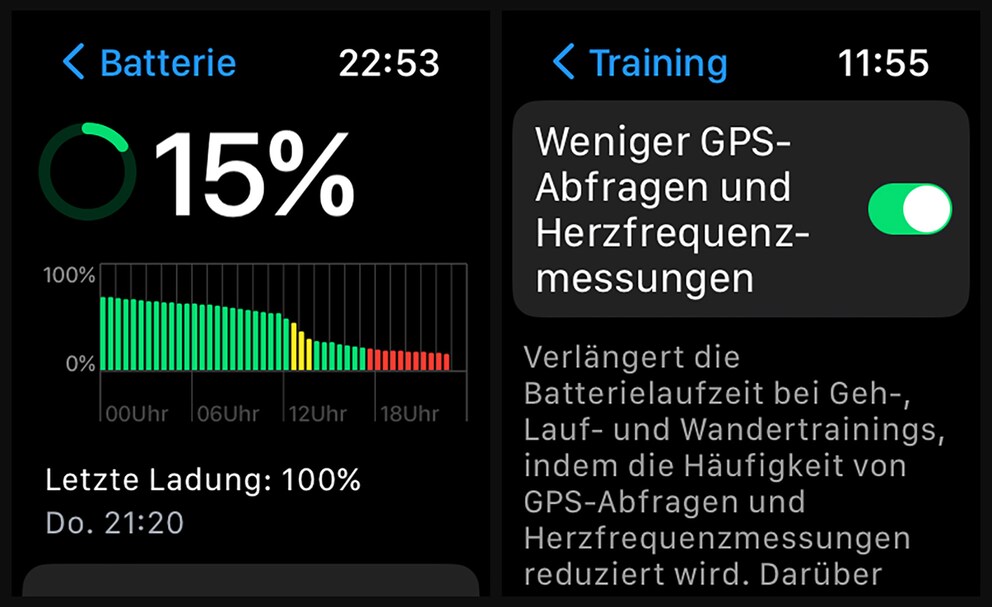 Nach über 48 Stunden habe ich noch immer 15 Prozent Akku übrig. Mit dem erweiterten Energiesparmodus lässt sich die Laufzeit noch weiter verlängern.