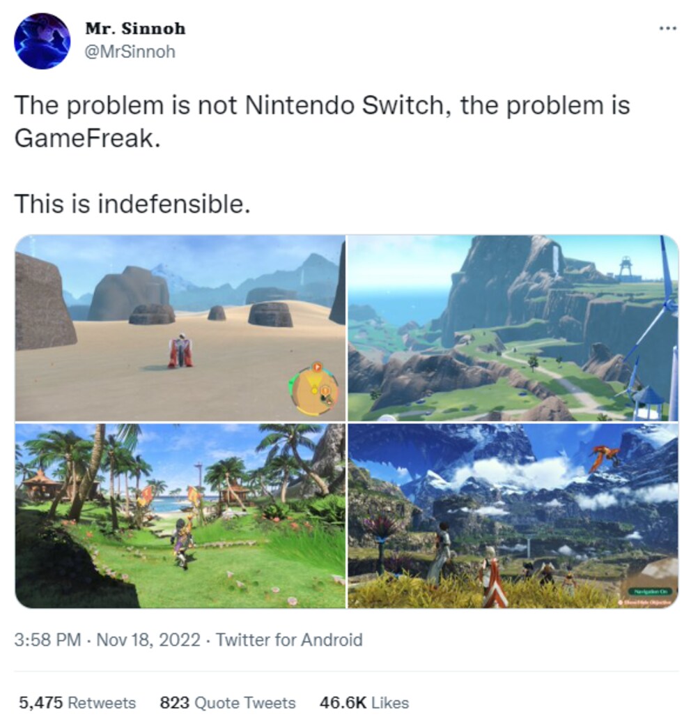 Karge Landschaften in «Pokémon» (oben), wunderschöne Gebiete in «Xenoblade Chronicles 3» (unten rechts) und «The Legend of Zelda: Breath of the Wild» (unten links).