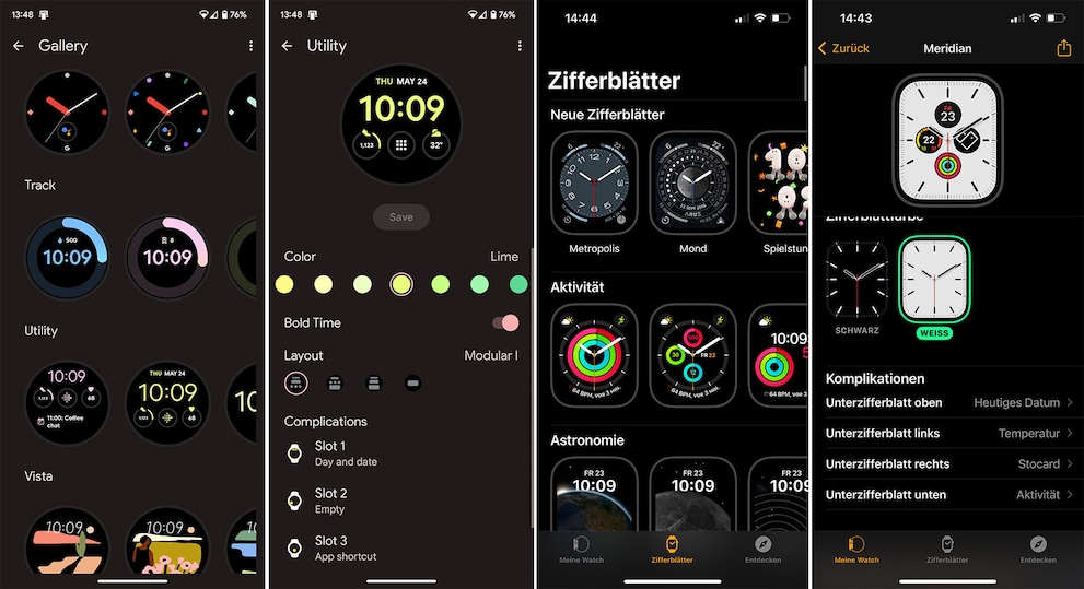 Les deux montres proposent un généreux assortiment d’écrans d’accueil. Les images de gauche proviennent du Pixel et celles de droite de l’iPhone.