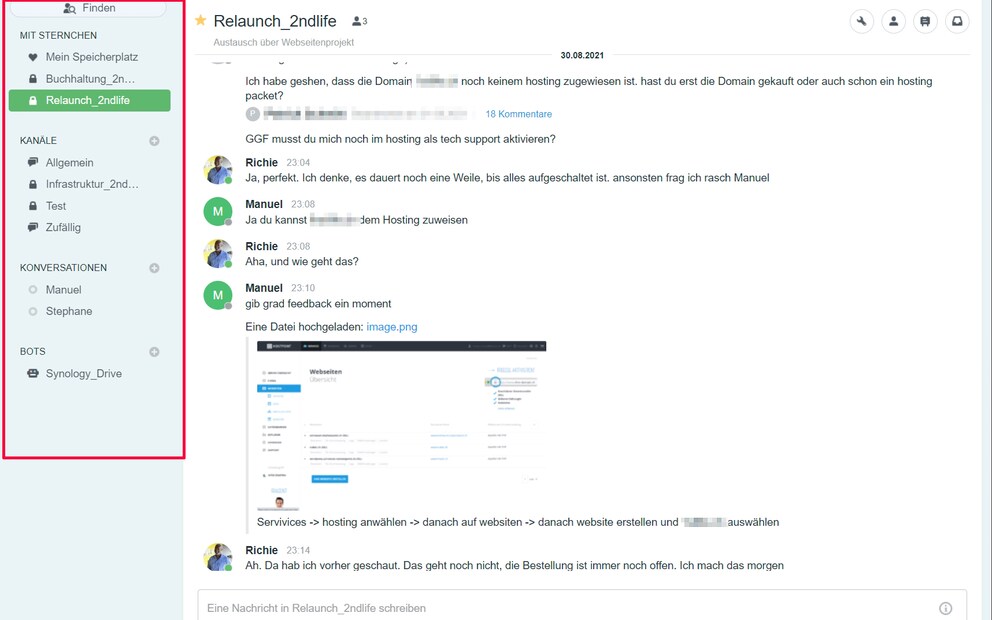 Chats und Kanäle sind auf der linken Seite angeordnet.