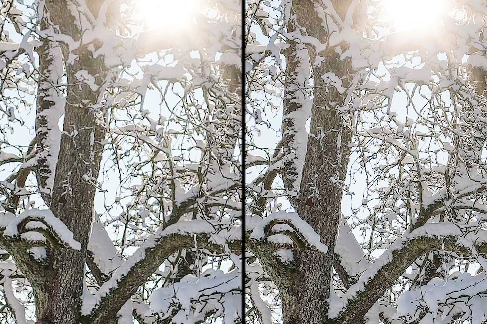 Der High-Resolution-Modus (rechts) erhöht die Auflösung auf 96 Megapixel und fängt so mehr Details ein als ein normales Bild (links).