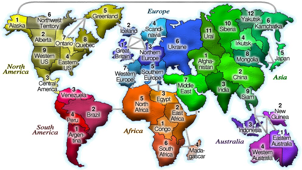 Depending on the country of publication, «Risk» denotes the region at war as either «Ukraine» or «Russia». This is a map from the 40th-anniversary version of «Risk» – there’s only Ukraine.