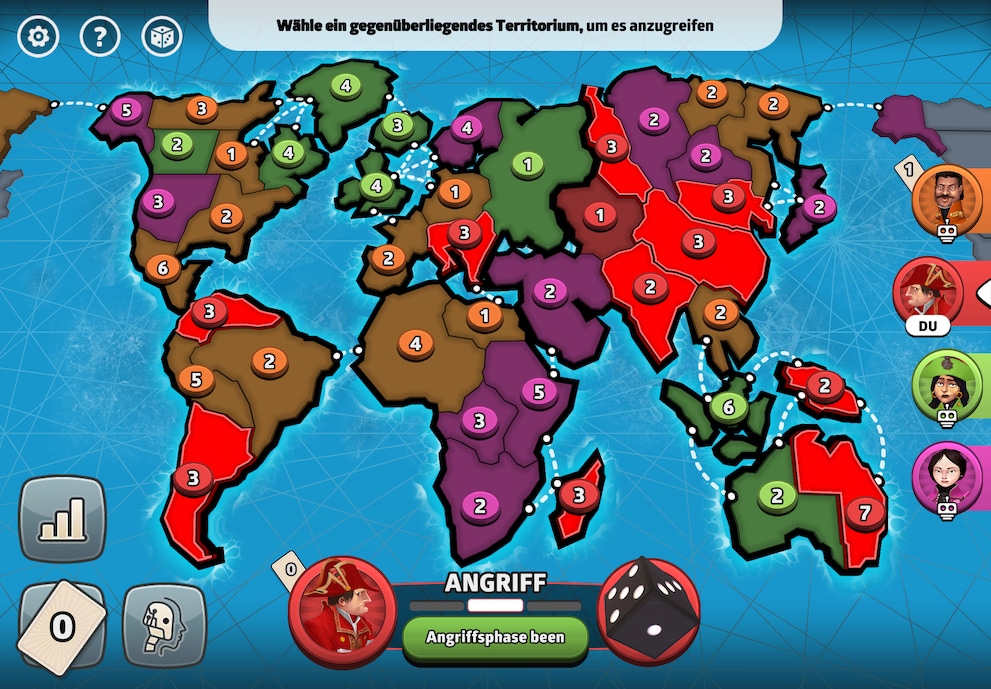 The adaptation of the classic board game «Risk» for the iPad. You play against three more – or less – intelligent would-be-world-ruler AIs.