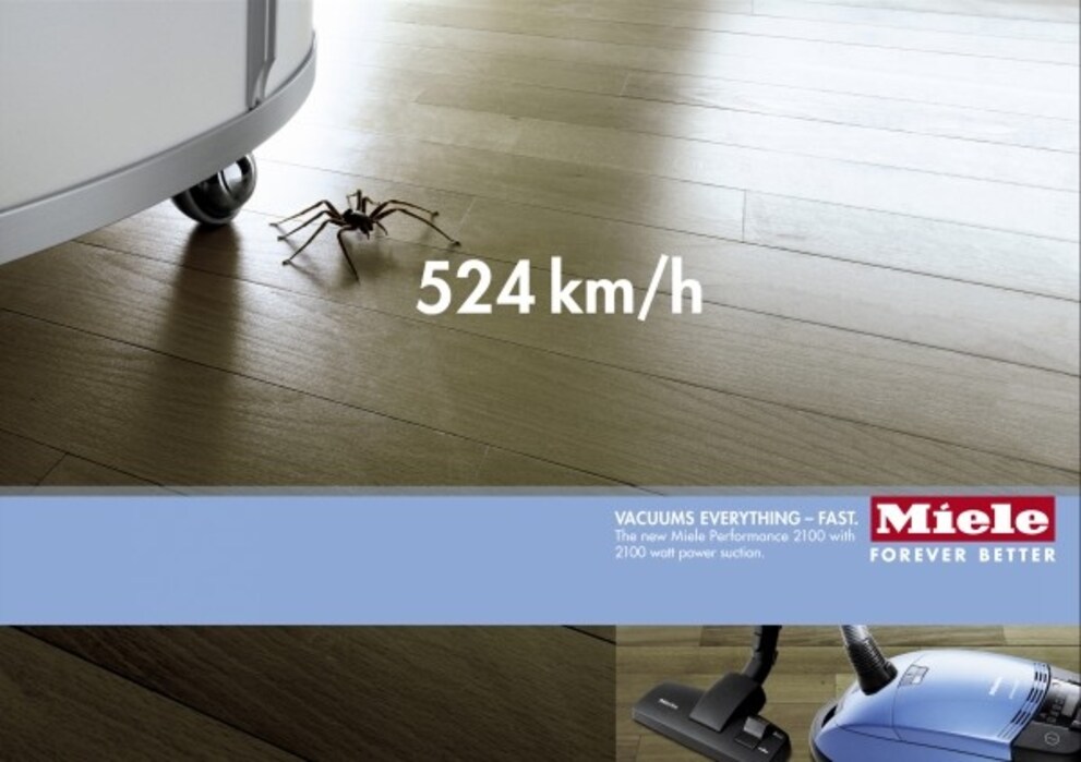 An advertisement by Miele from 2003. The suction power was even highlighted here as a special feature in the battle against spiders.