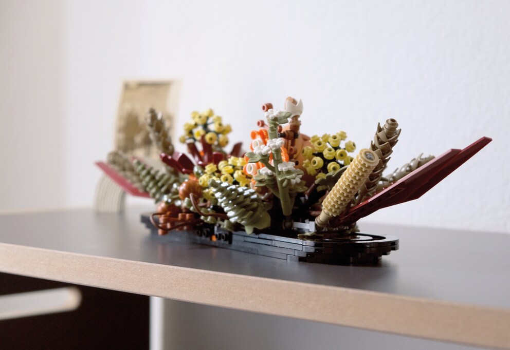 Les fleurs séchées sont superbes sur le buffet et la table.