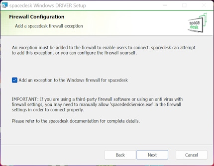 Comme la règle d'exception pour le pare-feu Windows est créée automatiquement, l'installation de Spacedesk est très simple.