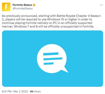 Bye bye Windows 7 e 8. « Anche Fortnite» dice addio ai vecchi sistemi operativi con il nuovo aggiornamento.