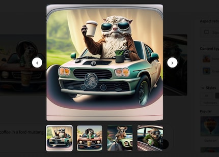Instead of Yoda, Starbucks, and Ford, a dog-like creature drinks coffee in a car.