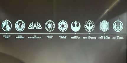 Lucasfilm boss Kathleen Kennedy shows the new, expanded timeline, starting with the Dawn of the Jedi, continuing with the New Republic and ending with the New Jedi Order.