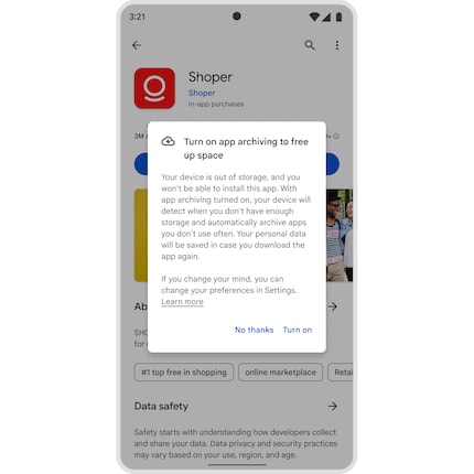 So soll der Hinweis auf die App-Archivierung aussehen, wenn du versuchst, eine App zu deinstallieren.