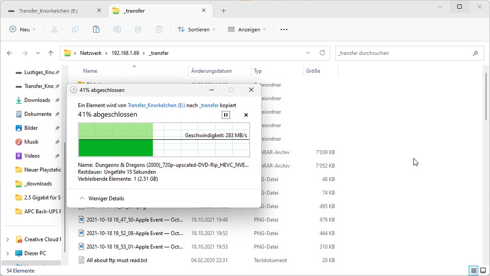 My new LAN connection delivers pretty much exactly the expected two-and-a-half-time performance boost.
