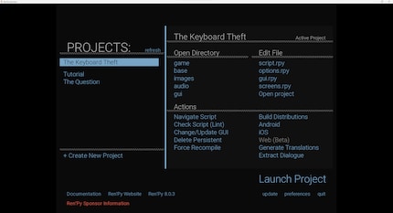 Le launcher de Ren'Py est l'interface centrale pour coder et jouer.
