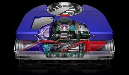 Das Innenleben des neuen Dyson-Roboters mit Motor und Bürsten.