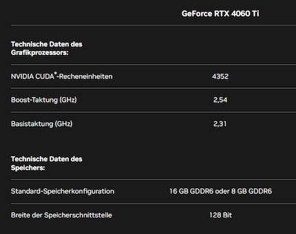Le specifiche più importanti della RTX 4060 Ti 8 GB.