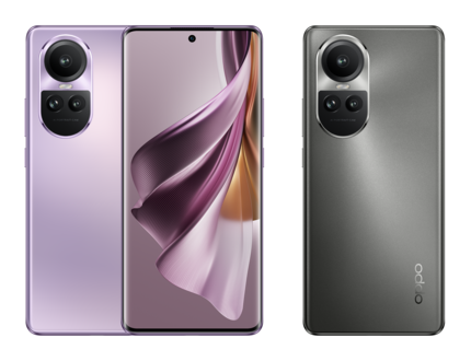 The Oppo Reno 10 Pro in glossy purple and matt black grey.