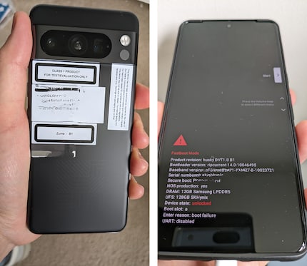 Il presunto Google Pixel 8 Pro con adesivi sul retro. Nonostante la cover protettiva, i bordi non arrotondati del display sono visibili sul davanti.