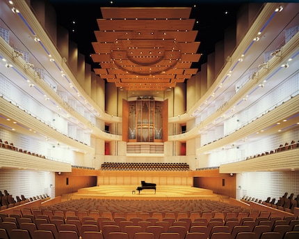 Il KKL di Lucerna. L'elemento del soffitto e la struttura della superficie sono utilizzati per l'acustica