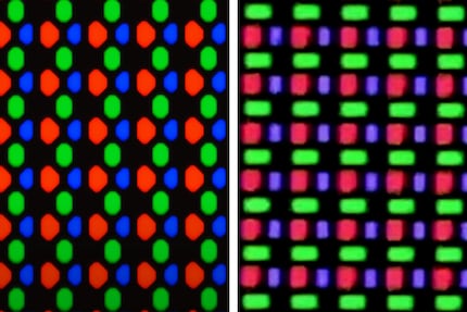 À gauche, le motif sous-pixel des anciennes dalles QD-OLED, à droite, le nouveau dans le ROG Swift PG32UCDM d’Asus. Il est censé réduire les distorsions des couleurs typiques et assurer une meilleure netteté du texte. La netteté des sous-pixels sur ces images n’est d’ailleurs pas représentative, celle de droite a probablement été prise à la main.