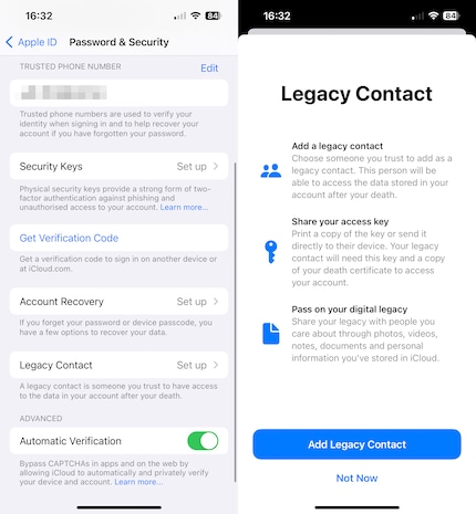 Vous pouvez déterminer quels appareils doivent être accessibles à quel contact légataire. Le menu correspondant s’affiche alors directement.