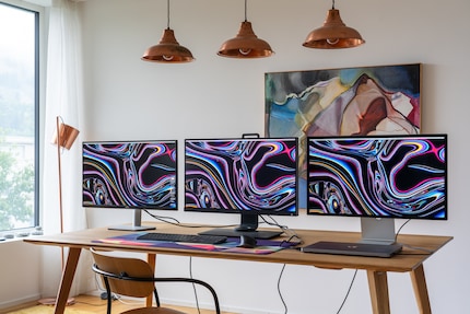 Tre schermi da 27 pollici con risoluzioni diverse: a sinistra un Dell S2721DS da 1440p, al centro un BenQ SW271 da 4K e a destra l’Apple Studio Display da 5K.