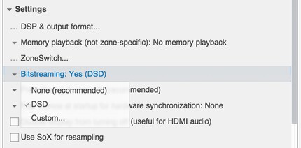 Pour le DSD, il faut un lecteur audio spécial, comme JRiver Media Center. Je dois activer l’option Bitstreaming, sinon le DSD n’arrive pas jusqu’au DAC.