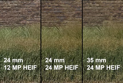In these very much enlarged images, you can see that the new 24-megapixel photos (centre) are more detailed than the 12-megapixel photos from the iPhone 14 Pro (left). On the right, you see the same level of detail with the new 35 mm zoom. It’s better than purely digital zoom.