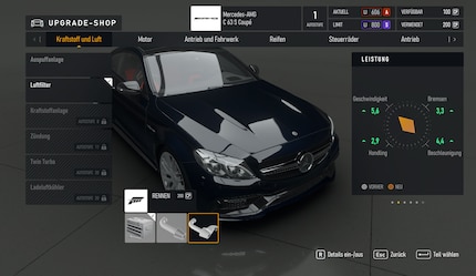 Pour 200 Car Points, je peux obtenir un nouveau filtre à air. Je vois les CP disponibles en haut à droite.