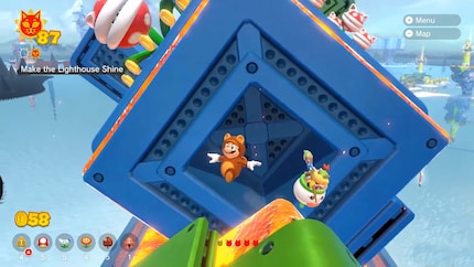 Tanuki Mario floating through the air.