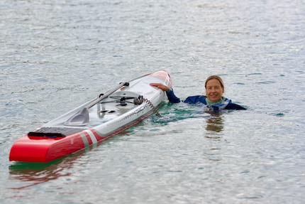 The water test is successful: the suit is largely waterproof, with only a little water getting in at the neck.