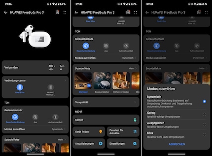 La pagina iniziale dell'app «AI Life» per i Freebuds Pro 3 e la selezione della modalità di cancellazione del rumore.