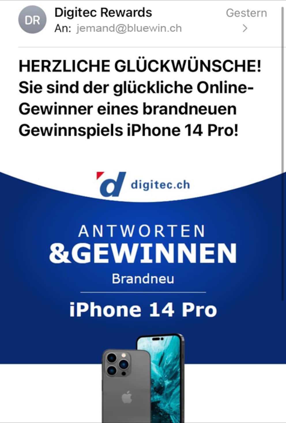 FakeGewinnspiele und Phishing per EMail im Namen von Digitec Galaxus Galaxus