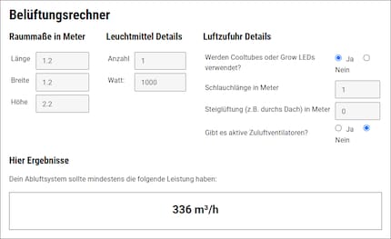 Die Parameter meines Grow-Setups führen zu einer benötigen Leistung von 336 m³/h.
