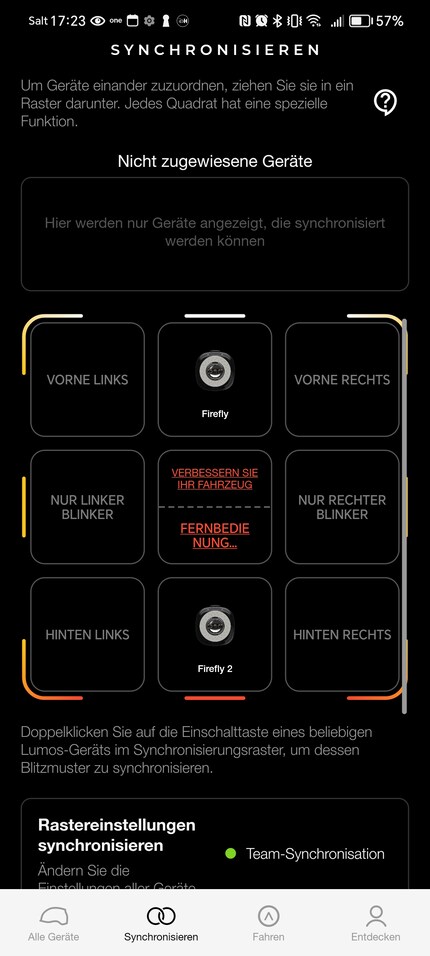Insgesamt stehen acht Anwendungen in der Lumos-App zur Verfügung. Hier als Front- und Rücklicht konfiguriert.