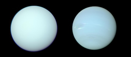 Die wahren Farben von Uranus und Neptun | Gewichtet man die Aufnahmen bei verschiedenen Wellenlängen korrekt, hat Neptun (rechts) fast die gleiche Farbe wie Uranus.