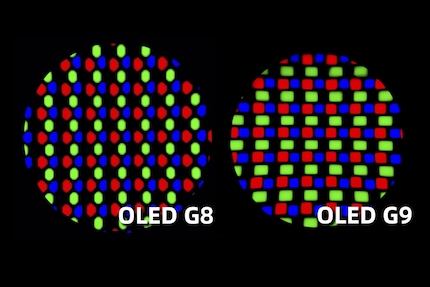 Le nouveau motif de sous-pixels des QD OLED de 2e et 3e génération (à droite) est censé améliorer la netteté du texte.