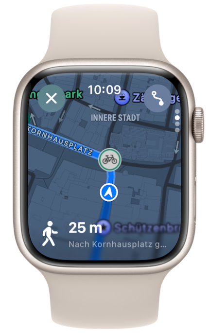 Voici à quoi ressemblent les indications de l'Apple Watch lorsque vous devez descendre de votre vélo et pousser avant une intersection.