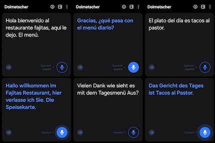 L'app interprete è pratica, ma presenta ancora alcuni bug. Il testo bianco mostra ciò che viene detto, il testo blu è la traduzione