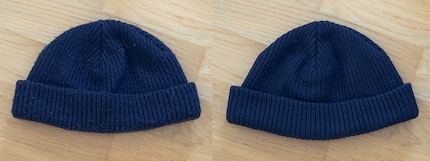 Meine Wintermütze bevor und nachdem ich die Fusseln entfernt habe.