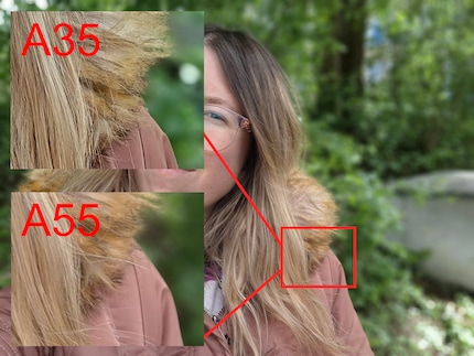 Voici de nouveau la comparaison croisée. Le détail de l’A35 paraît un peu trop net. La qualité n’est ni exceptionnelle ni horrible.