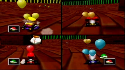 La modalità battaglia di «Mario Kart 64», dove ho trascorso innumerevoli ore.
