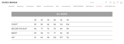 The measurements at Vero Moda are somewhat more generous than at JJXX (see picture below).